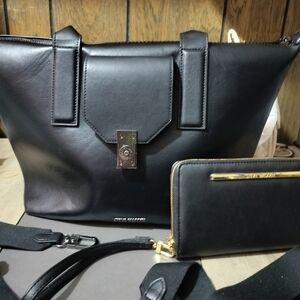 Steve Madden Black Leather Logo Satchel with Metal Closure